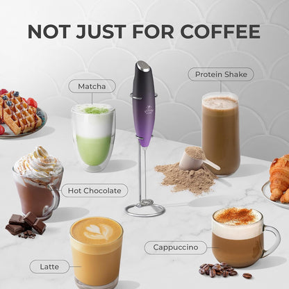 Zulay Kitchen Powerful Double Whisk Milk Frother Handheld - Foam Maker with Stand - Whisk Drink Mixer for Coffee, Mini Foamer for Latte, Matcha, Frappe, Hot Chocolate & Cappuccino (Black) - PuriLite