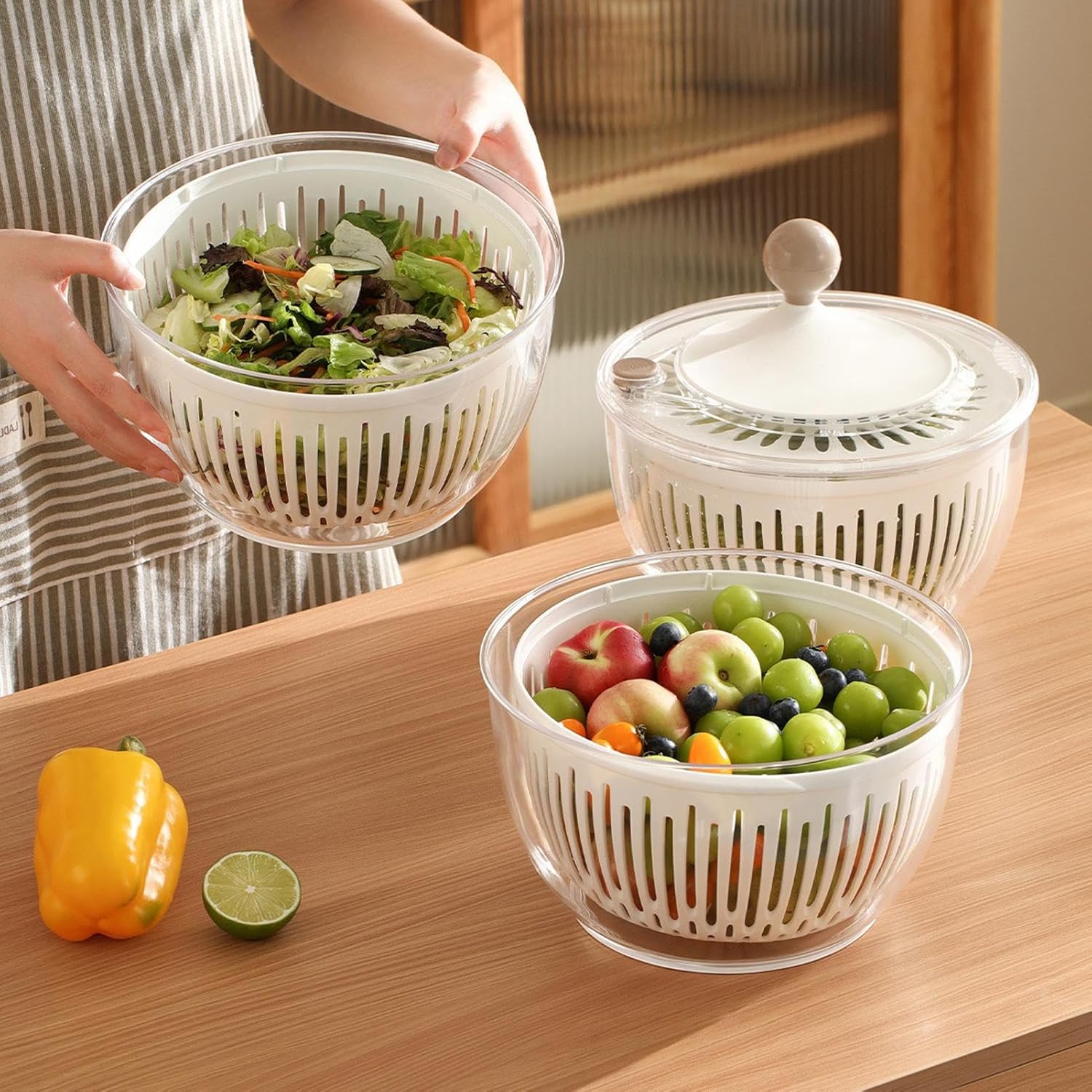 Salad Dryer - 4.5L Lettuce Dryer Spinner - Container with Non-Slip Base Bowl Strainer Storage for Kitchen Fruit Vegetable Refrigerator - PuriLite
