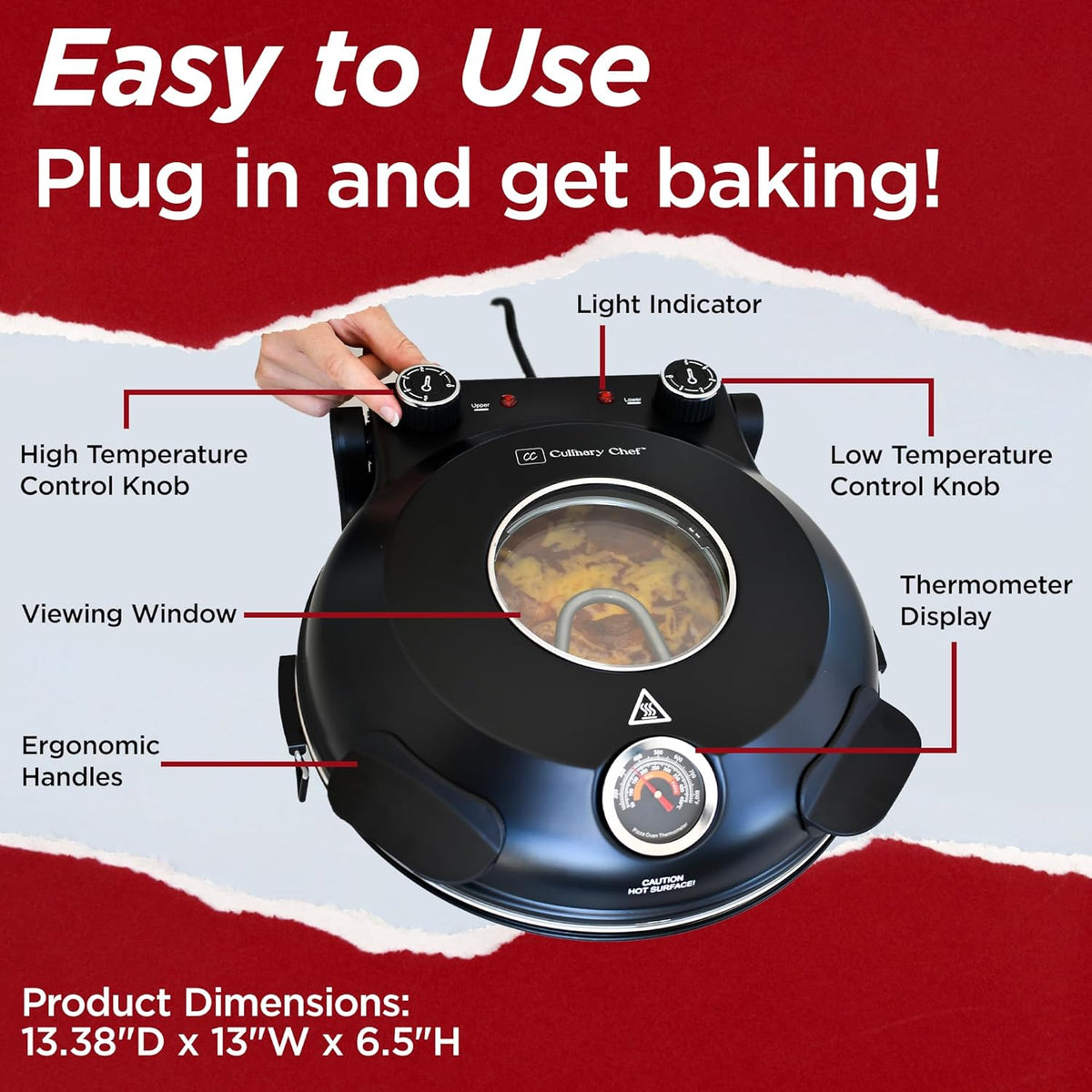 CULINARY CHEF Electric Pizza Oven with Ceramic Stone, Viewing Window, Adjustable Heat Control, Timer and 1200W Baking Power, DIY Homemade Pizzeria, Large 12” Pie Capacity (Red) - PuriLite