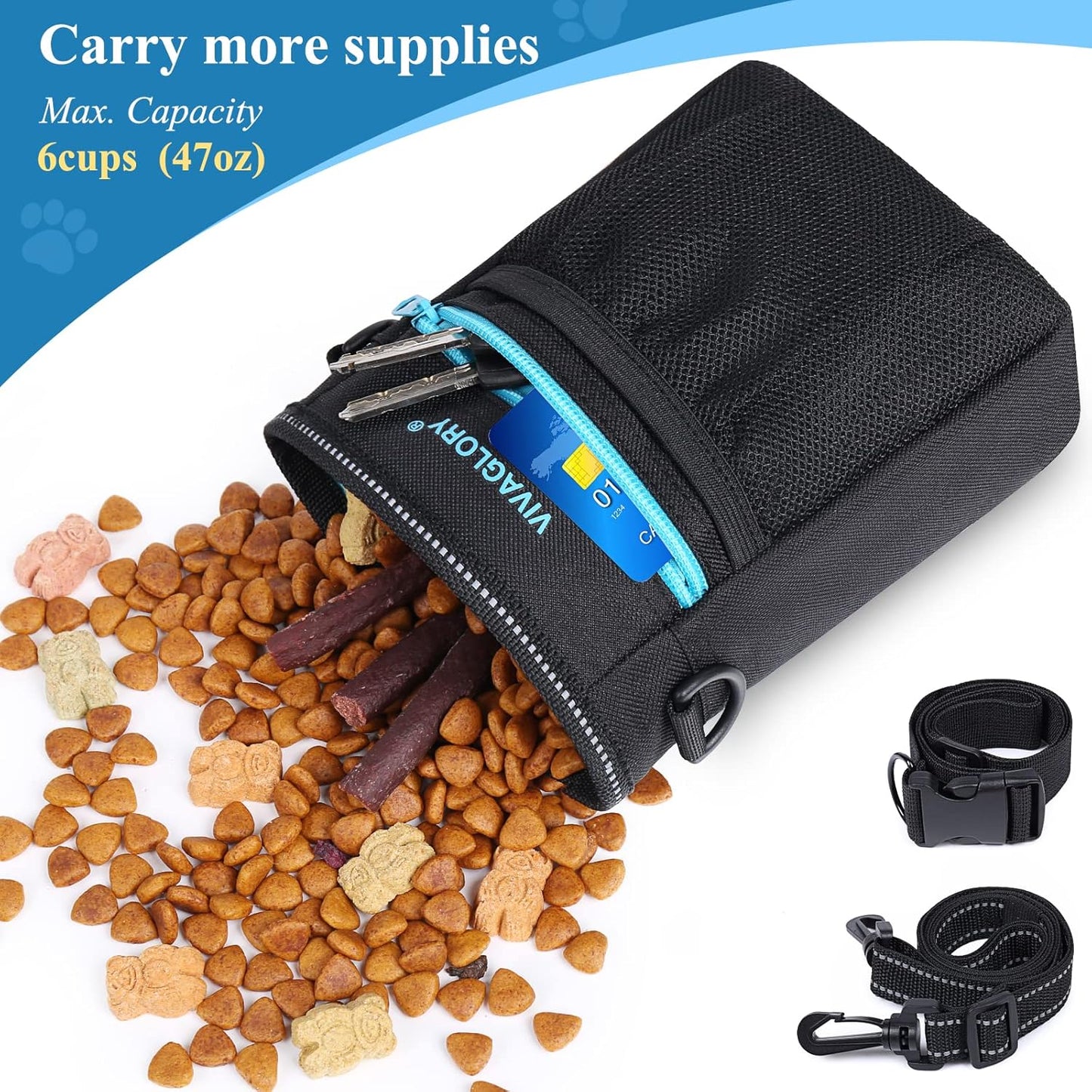 VIVAGLORY Dog Training Treat Pouch, 4Ways to Wear Dog Treat Bags, Built in Dog Waste Bag Dispenser Treats Training Bags with Reflective Adjustable Shoulder Strap, Heather Blue - PuriLite