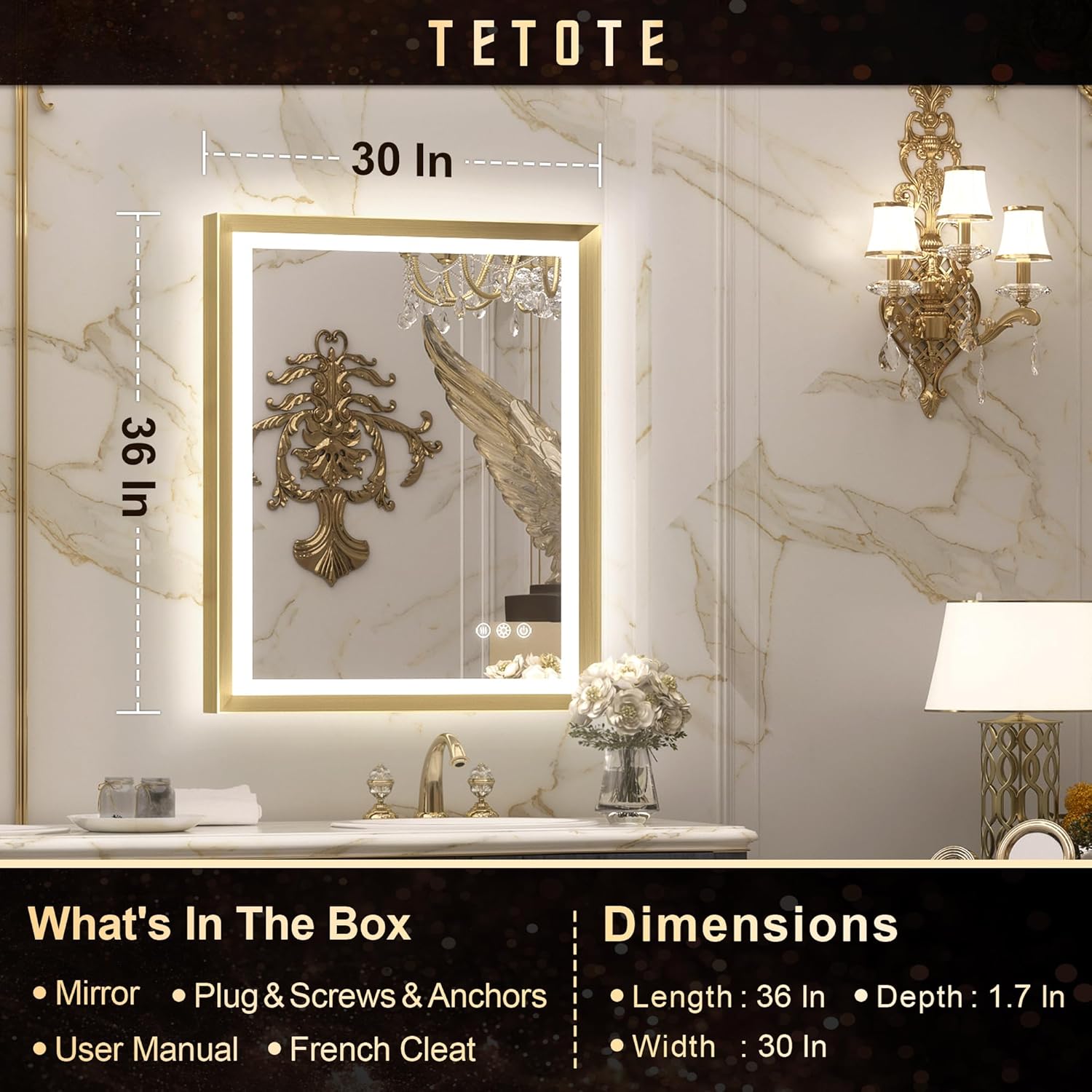 TETOTE 28x36 LED Mirror for Bathroom Black Metal Frame Frontlit & Backlit Lighted Vanity Mirror Baroque Gothic Anti Fog Stepless Dimmable White/Warm/Natural,Wall Mounted(Horizontal/Vertical) - PuriLite