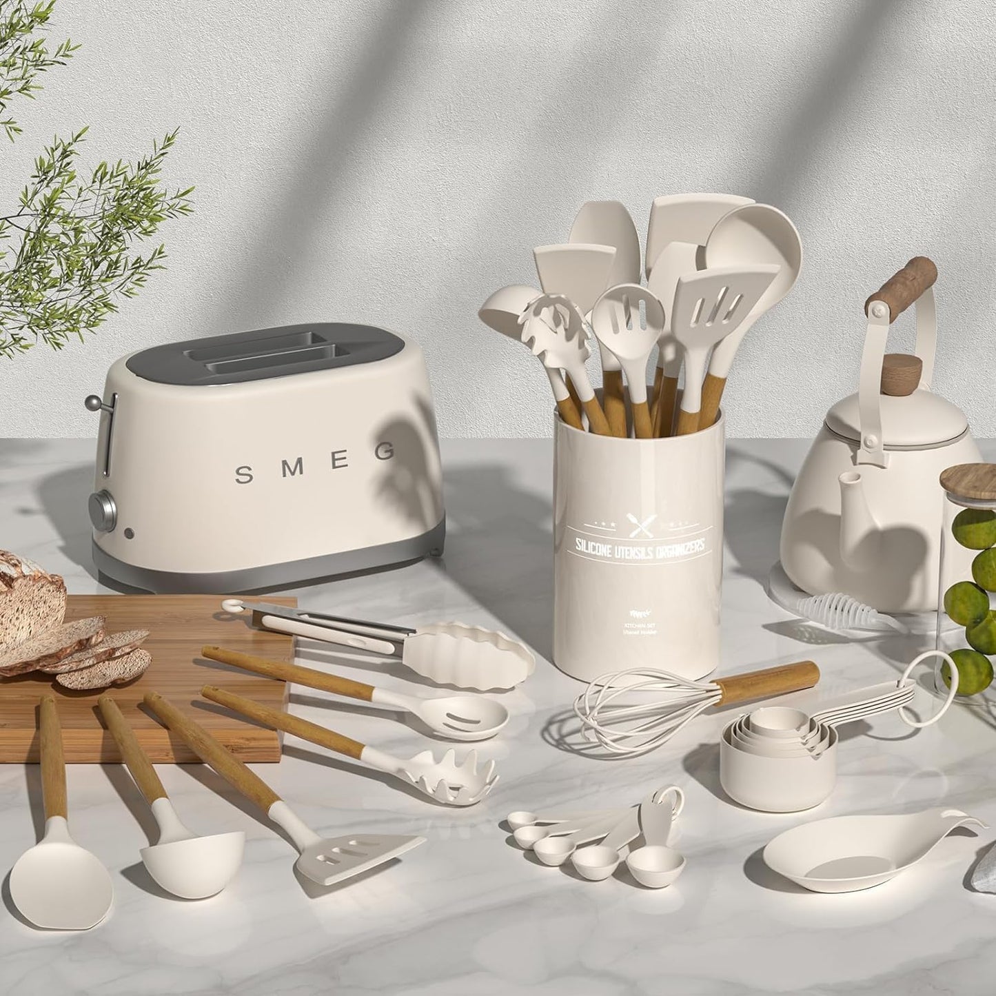 Umite Chef Kitchen Cooking Utensils Set, 33 pcs Non-Stick Silicone Cooking Kitchen Utensils Spatula Set with Holder, Wooden Handle Silicone Kitchen Gadgets Utensil Set (Khaki) - PuriLite