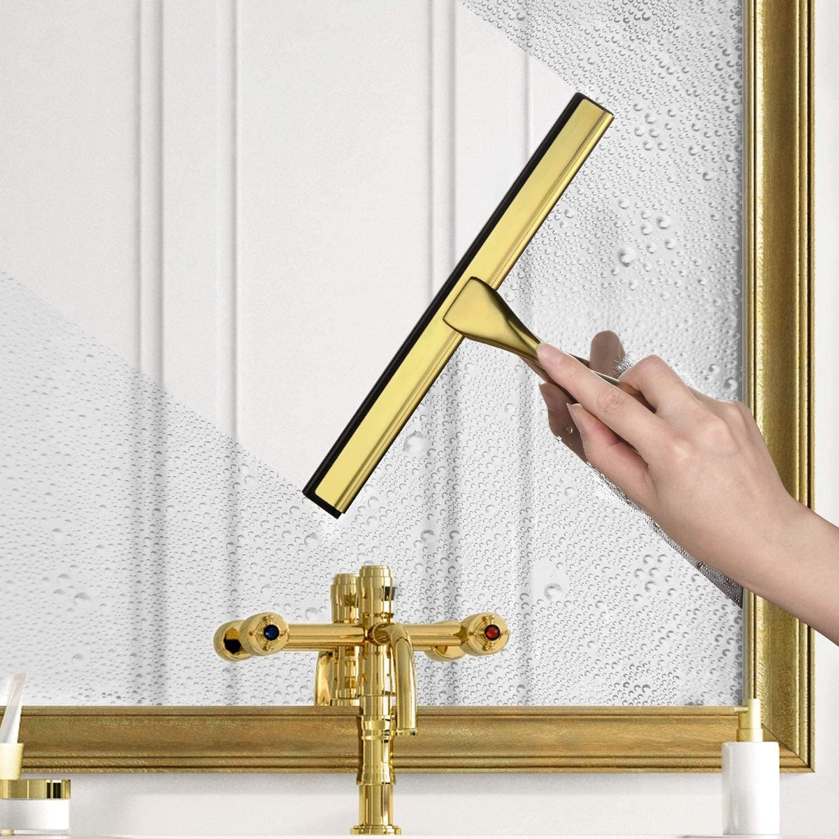 Sishynio All-Purpose Shower Squeegee for Shower Doors, Bathroom, Window and Car Glass - Golden, Stainless Steel, 10 Inches - PuriLite