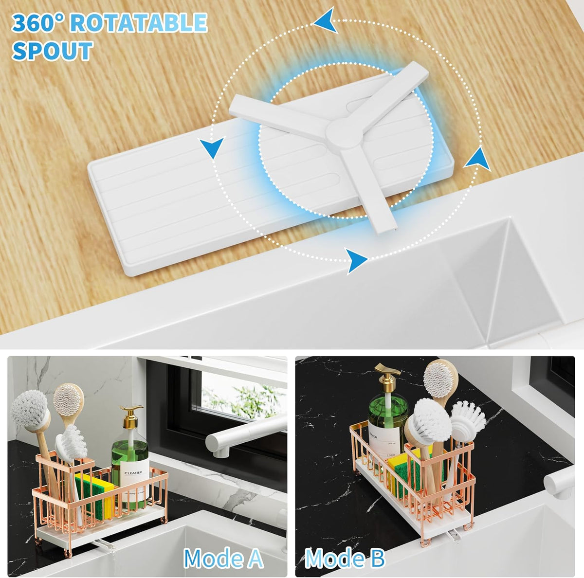 Cisily Sponge Holder for Kitchen Sink, Sink Caddy with High Brush Holder, Organzier Rustproof 304 Stainless Steel Dish Organizer Divider, Soap Dispenser Storage (Black) - PuriLite