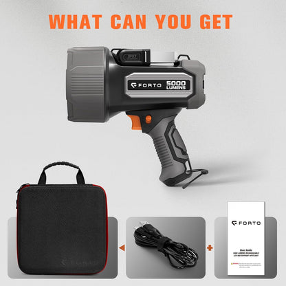 FORTO Rechargeable Spotlight 5000LM, IPX7 Waterproof Flashlight with 5200mAh Long-Lasting Battery, 7 Modes Handheld Light with EVA Case, for Boat, Hunting, Emergency, Outdoor Use - PuriLite
