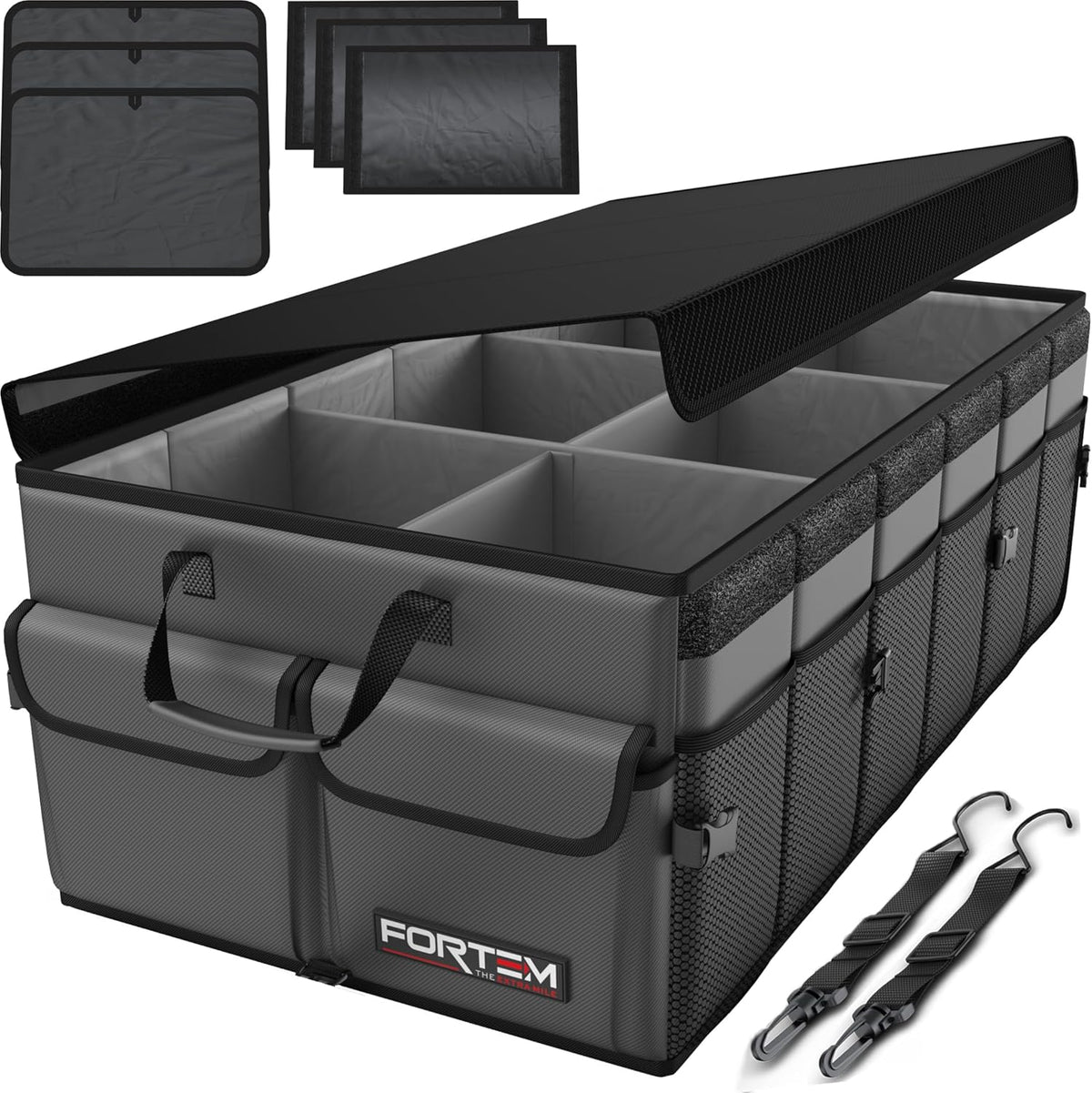 FORTEM Car Trunk Organizer, Collapsible Multi Compartment Car Organizer, Foldable SUV Storage for Car Accessories for Women Men, Non Slip Bottom, Securing Straps, Soft Cover 50L (Black, Standard) - PuriLite