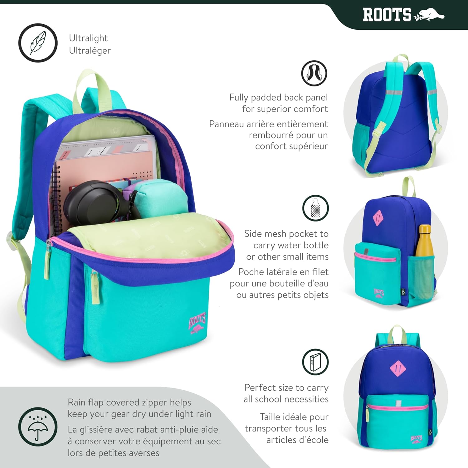 Roots Kids Lightweight Backpack — Made from 100% Recycled Fabrics with Rain Flap, Bottle Pocket, Reflective Accent, and Back Padding — 22.5 litres, Pink & Purple - PuriLite