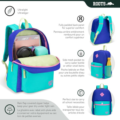 Roots Kids Lightweight Backpack — Made from 100% Recycled Fabrics with Rain Flap, Bottle Pocket, Reflective Accent, and Back Padding — 22.5 litres, Pink & Purple - PuriLite