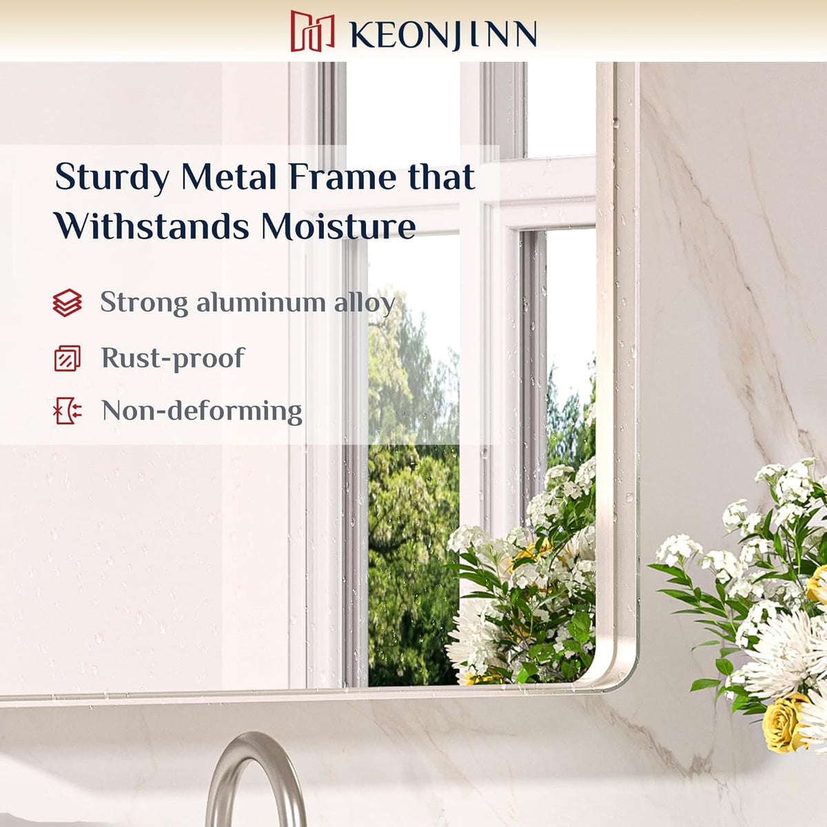 Keonjinn 42 x 36 Brushed Nickel Bathroom Vanity Mirror, Large Rounded Rectangle Bathroom Mirrors for over Sink, Metal Framed Silver Mirror for Wall, Shatterproof HD Tempered Glass(Horizontal/Vertical) - PuriLite