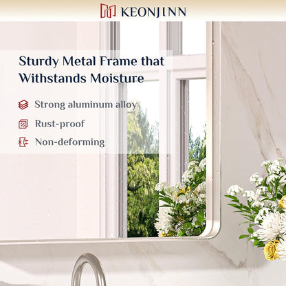 Keonjinn 42 x 36 Brushed Nickel Bathroom Vanity Mirror, Large Rounded Rectangle Bathroom Mirrors for over Sink, Metal Framed Silver Mirror for Wall, Shatterproof HD Tempered Glass(Horizontal/Vertical) - PuriLite