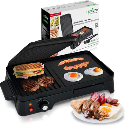 NutriChef Electric Griddle - Dual Hot Plate Cooktop Crepe Maker with Press Grill, Nonstick Coating, Rotary Temperature Control, Plug-in Operation & Oil Tray for Kitchen & Countertop (PKGRIL43) - PuriLite