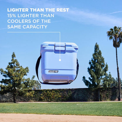 Coleman Pro Heavy-Duty Ultra-Light Premium Hard Cooler, 92/74/36-Can Capacity, Extra-Thick Insulation Keeps Ice up to 5/4/3 Days, 55-Quart Wheeled Cooler or 45/25 qt (No Wheels), Blue Sky - PuriLite