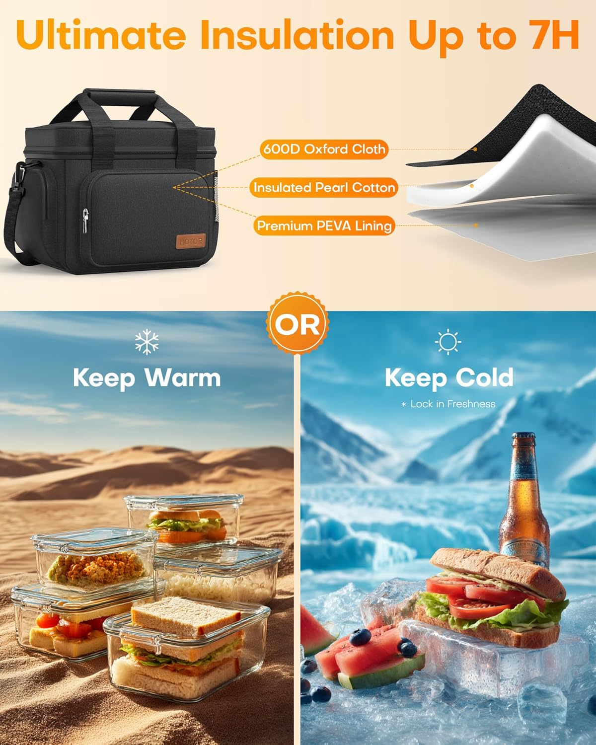 HOTOR Lunch Box for Men and Women - Leak-Proof Insulated Lunch Bag with Adjustable Shoulder Strap, Cooler Lunch Bag for Office, Picnic, Hiking, Beach, 1 Layer, Black, 11.0" x 7.1" x 8.3" - PuriLite
