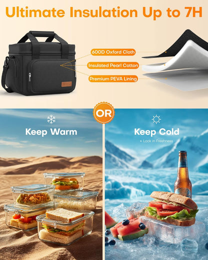 HOTOR Lunch Box for Men and Women - Leak-Proof Insulated Lunch Bag with Adjustable Shoulder Strap, Cooler Lunch Bag for Office, Picnic, Hiking, Beach, 1 Layer, Black, 11.0" x 7.1" x 8.3" - PuriLite