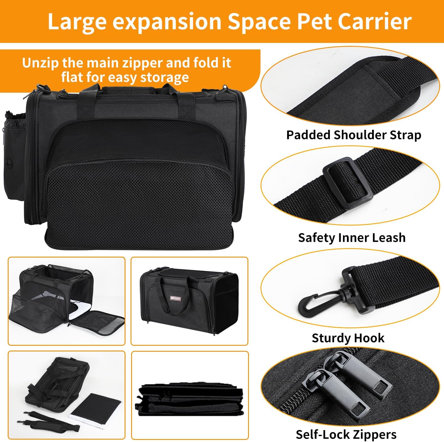 Alioth Cat Carrier, Soft-Sided Mesh Pet Airline Travel Carrier Bag, Portable Small Medium Cats Carrier, Collapsible Breathable Puppy Carrier, Black - PuriLite
