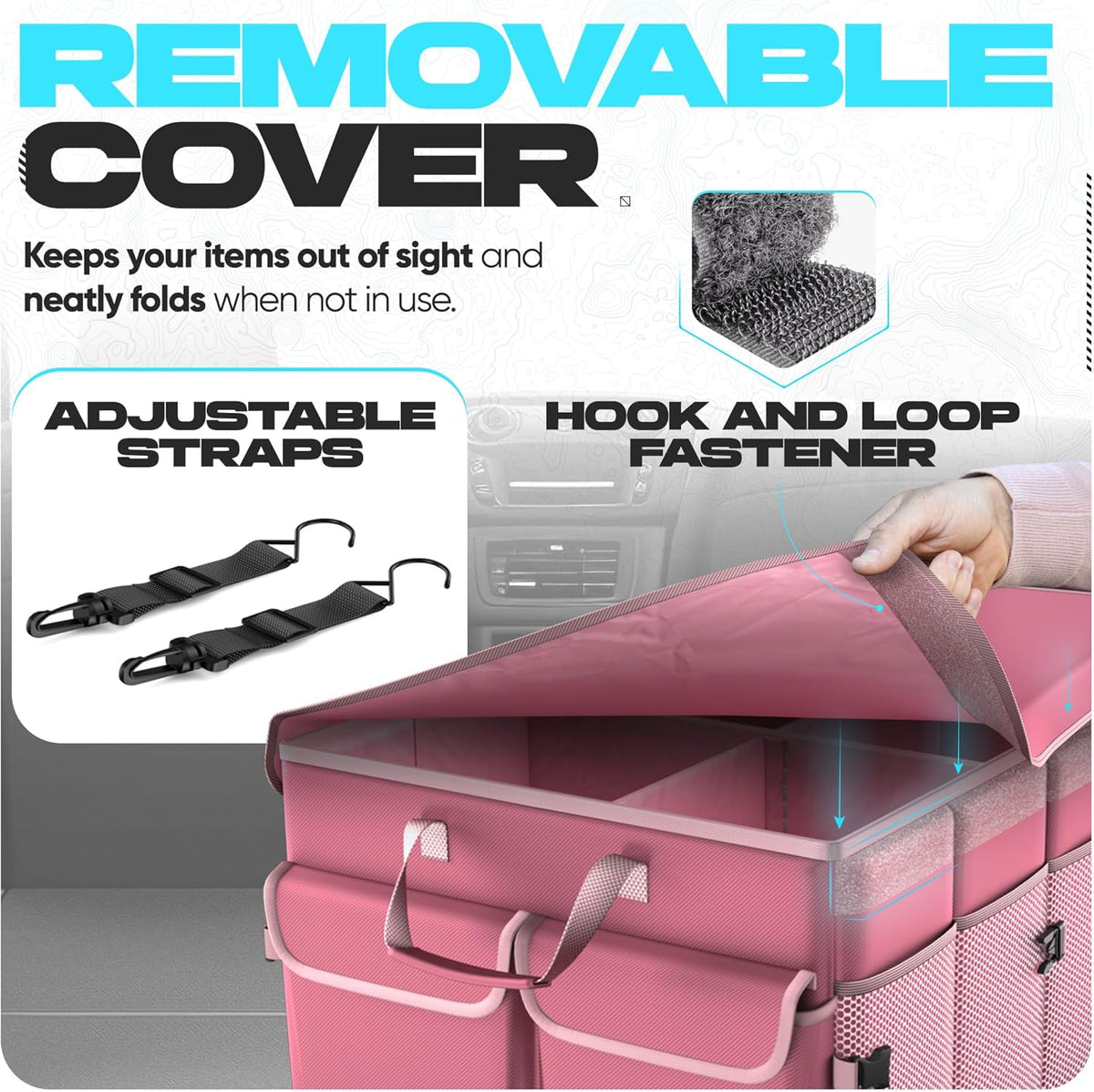 FORTEM Car Trunk Organizer, Collapsible Multi Compartment Car Organizer, Foldable SUV Storage for Car Accessories for Women Men, Non Slip Bottom, Securing Straps, Soft Cover 50L (Black, Standard) - PuriLite