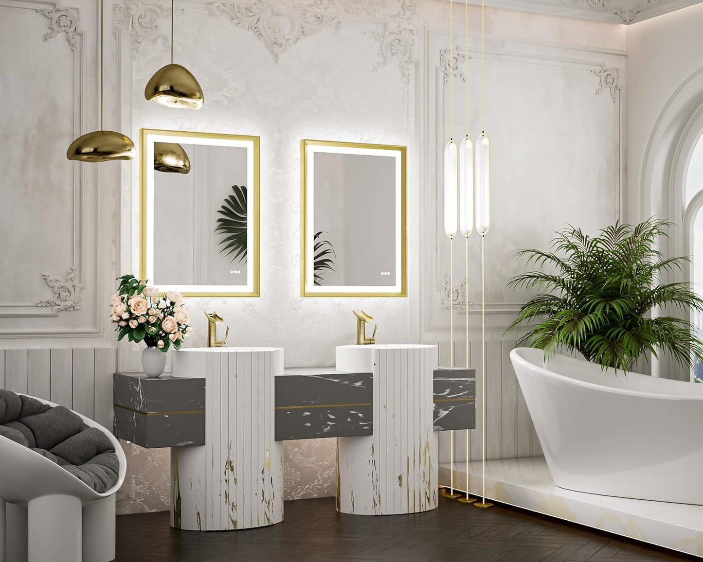 TETOTE 28x36 LED Mirror for Bathroom Black Metal Frame Frontlit & Backlit Lighted Vanity Mirror Baroque Gothic Anti Fog Stepless Dimmable White/Warm/Natural,Wall Mounted(Horizontal/Vertical) - PuriLite