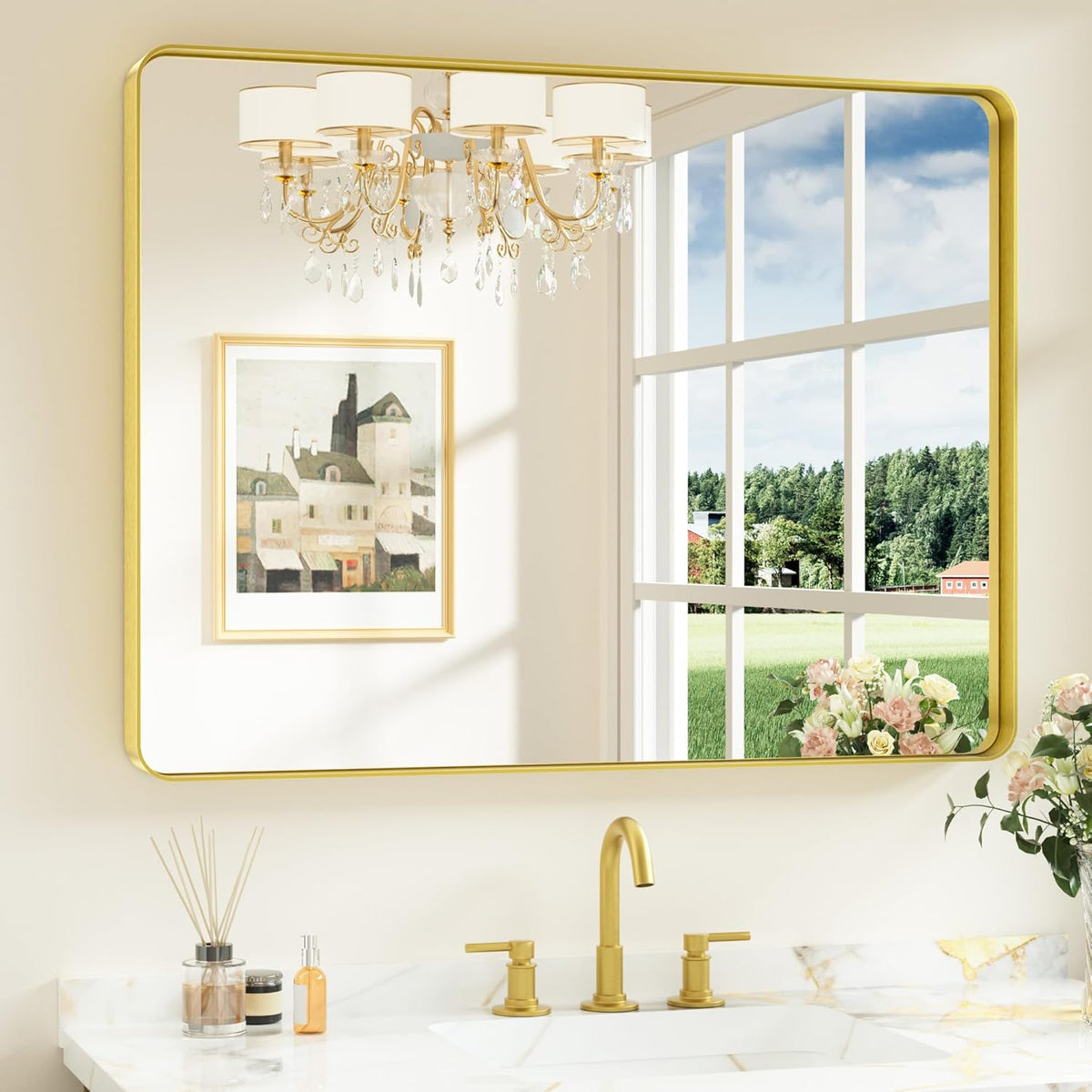 Keonjinn 42 x 36 Brushed Nickel Bathroom Vanity Mirror, Large Rounded Rectangle Bathroom Mirrors for over Sink, Metal Framed Silver Mirror for Wall, Shatterproof HD Tempered Glass(Horizontal/Vertical) - PuriLite
