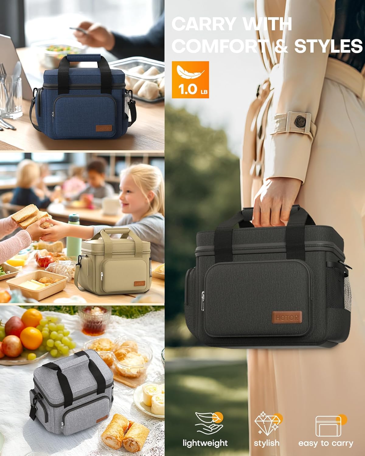 HOTOR Lunch Box for Men and Women - Leak-Proof Insulated Lunch Bag with Adjustable Shoulder Strap, Cooler Lunch Bag for Office, Picnic, Hiking, Beach, 1 Layer, Black, 11.0" x 7.1" x 8.3" - PuriLite