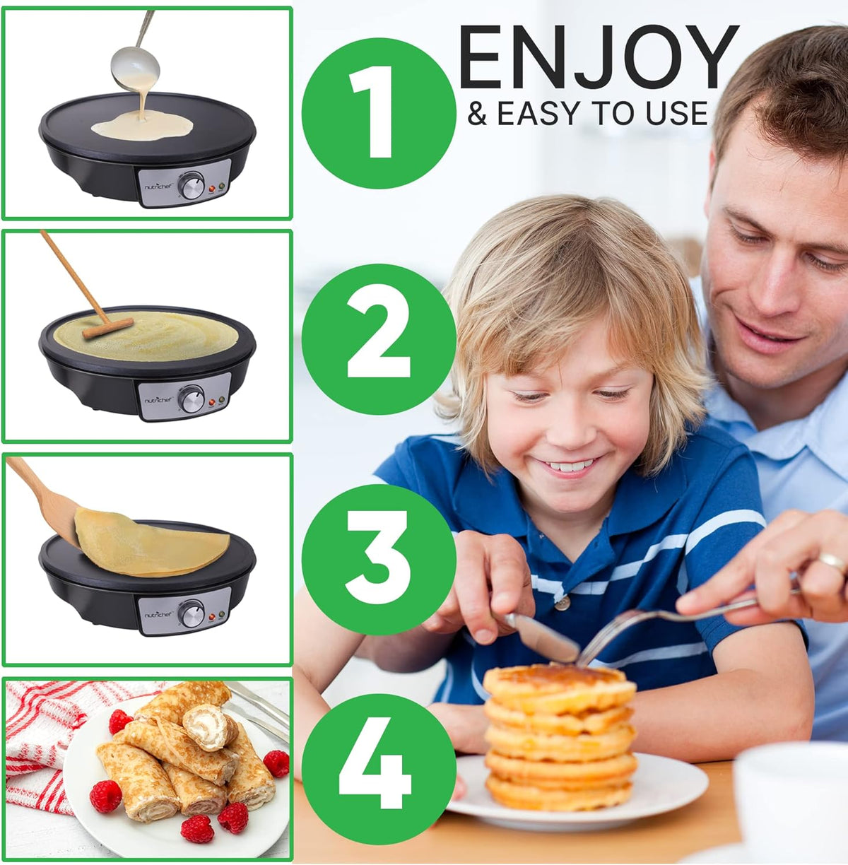 NutriChef Electric Crepe Maker, Cooks Roti, Tortillas, Pancakes, Nonstick Cooktop, 8-inch Cook Area On/Off Switch, Automatic Temperature Control & Cool Touch Handle, Includes Food Bowl, Whisk, Spatula - PuriLite