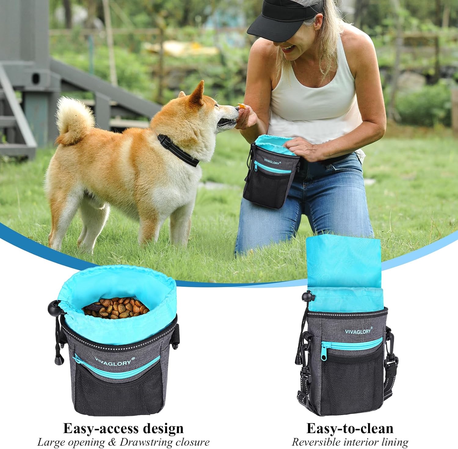 VIVAGLORY Dog Training Treat Pouch, 4Ways to Wear Dog Treat Bags, Built in Dog Waste Bag Dispenser Treats Training Bags with Reflective Adjustable Shoulder Strap, Heather Blue - PuriLite