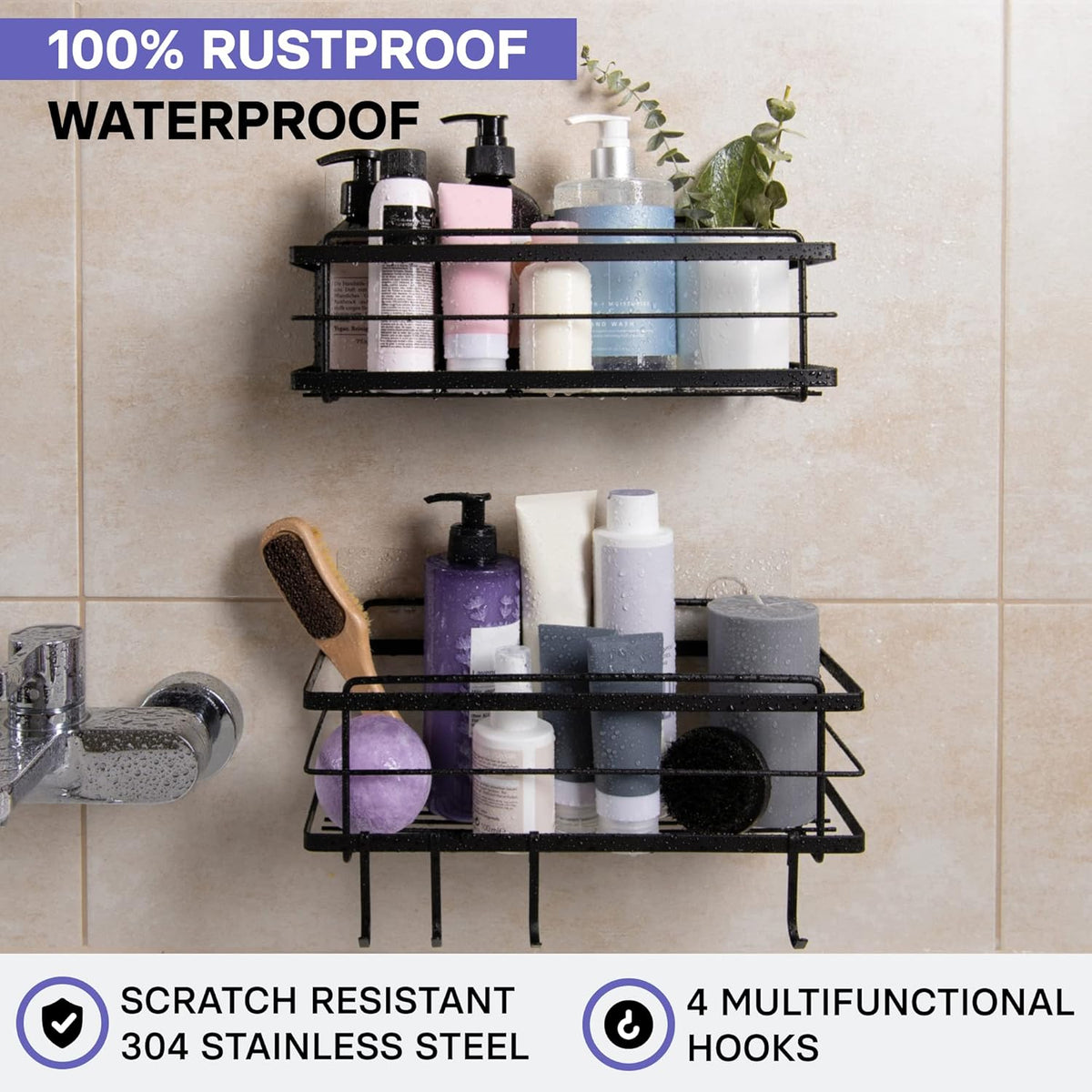 KINCMAX Premium Shower Caddy, 2-Pack Adhesive Shower Organizer, No Drill Bathroom Shelves, Rustproof Stainless Steel Shower Shelves for Inside Shower, Shampoo Holder, Shower Storage Rack, Matte Black - PuriLite