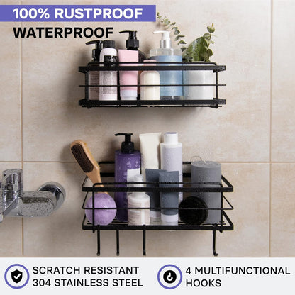 KINCMAX Premium Shower Caddy, 2-Pack Adhesive Shower Organizer, No Drill Bathroom Shelves, Rustproof Stainless Steel Shower Shelves for Inside Shower, Shampoo Holder, Shower Storage Rack, Matte Black - PuriLite