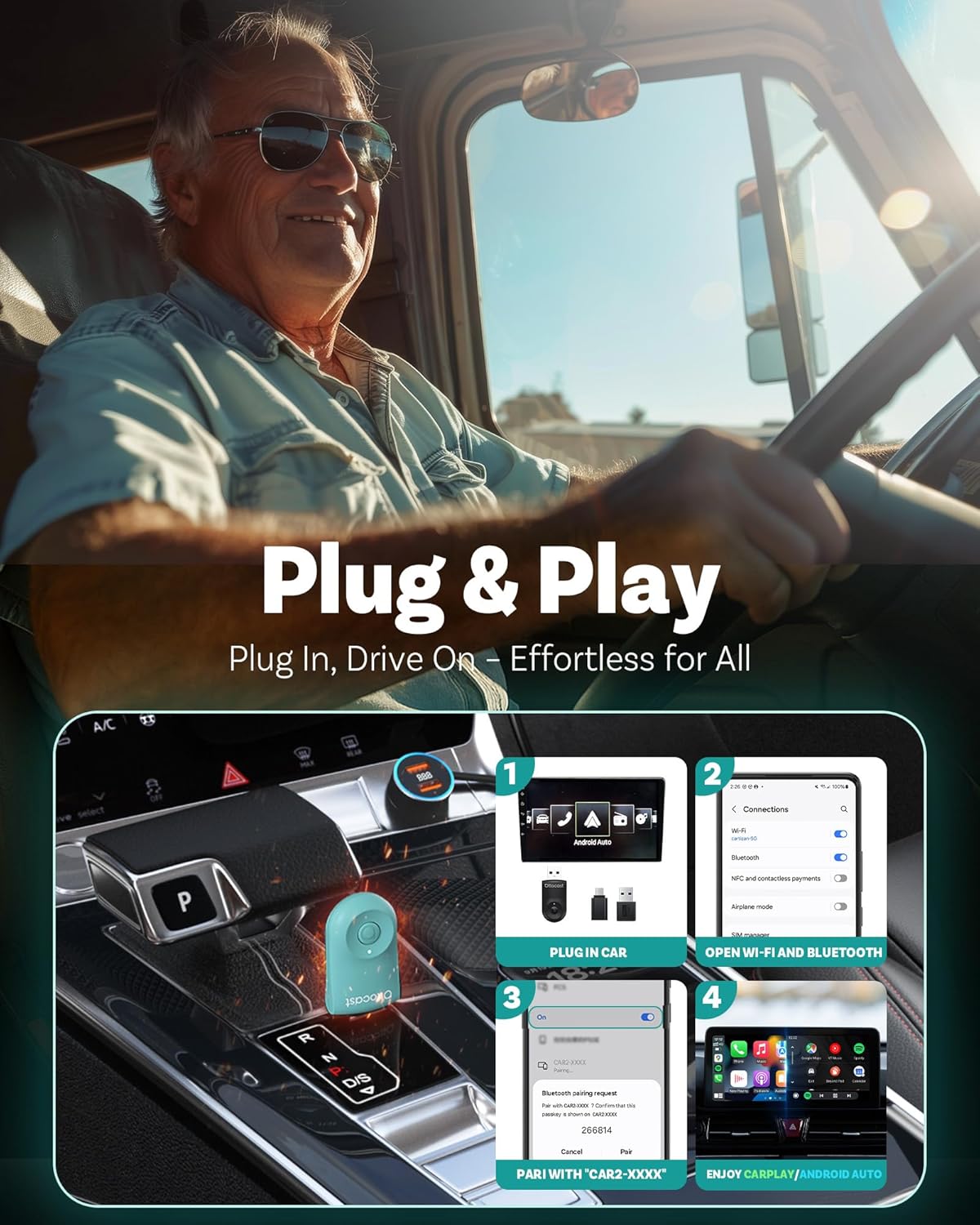 OTTOCAST Mini 2025 Wireless CarPlay & Android Auto 2-in-1 Adapter, Plug & Play, 5GHz WiFi, Auto Connect for iPhone & Android, Fits 98%+ OEM Wired CarPlay Cars (Green) - PuriLite