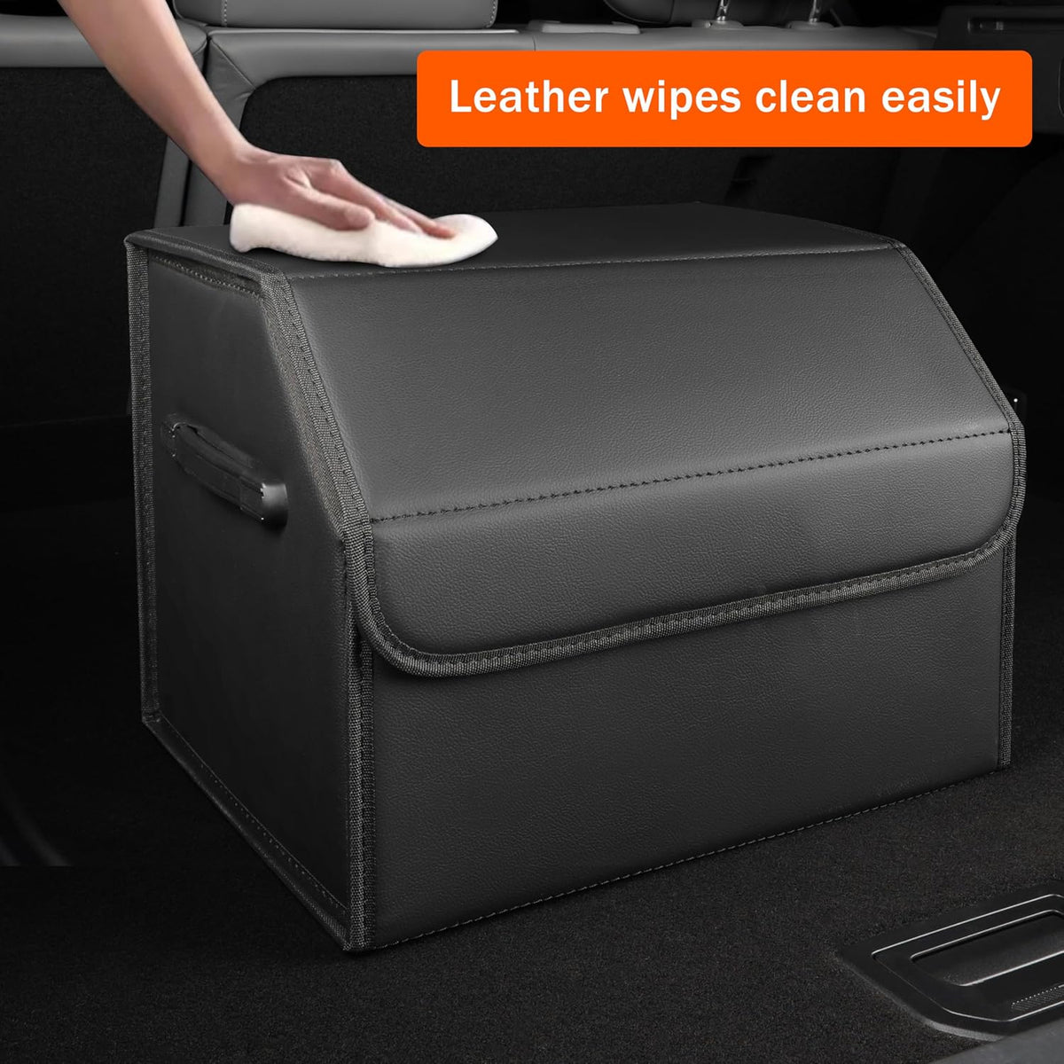 Trunk Organizer,car organizers and storage,black Leather Storage Box with lid,38cm(L) x 33cm(B) x 31.5cm(H),Fiberboard,Collapsible,2K inches³(size A)