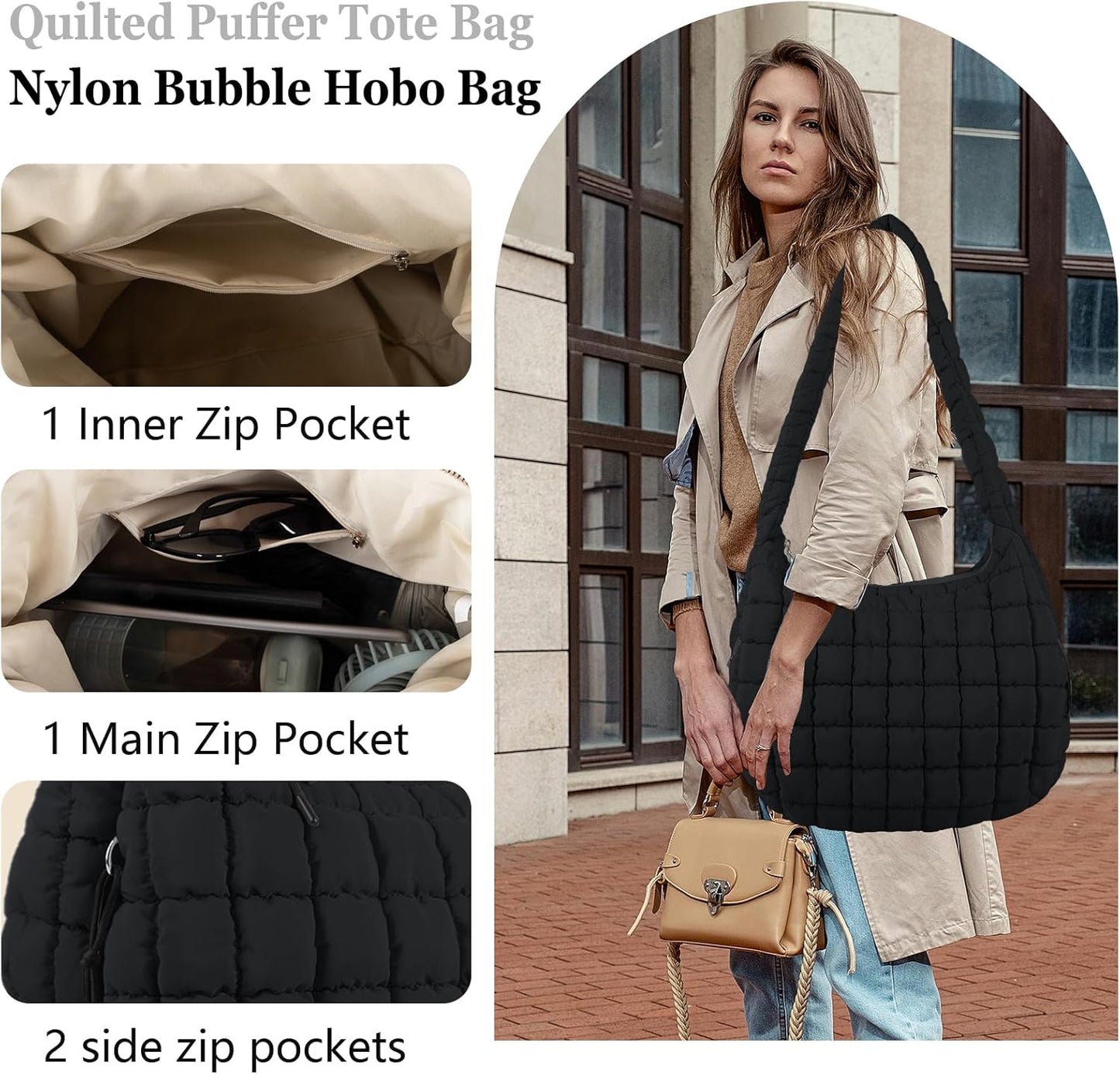 Quilted Puffer Tote Bag Large Crossbody Shoulder Bag with Zipper, Nylon Hobo Oversized Handbag - PuriLite