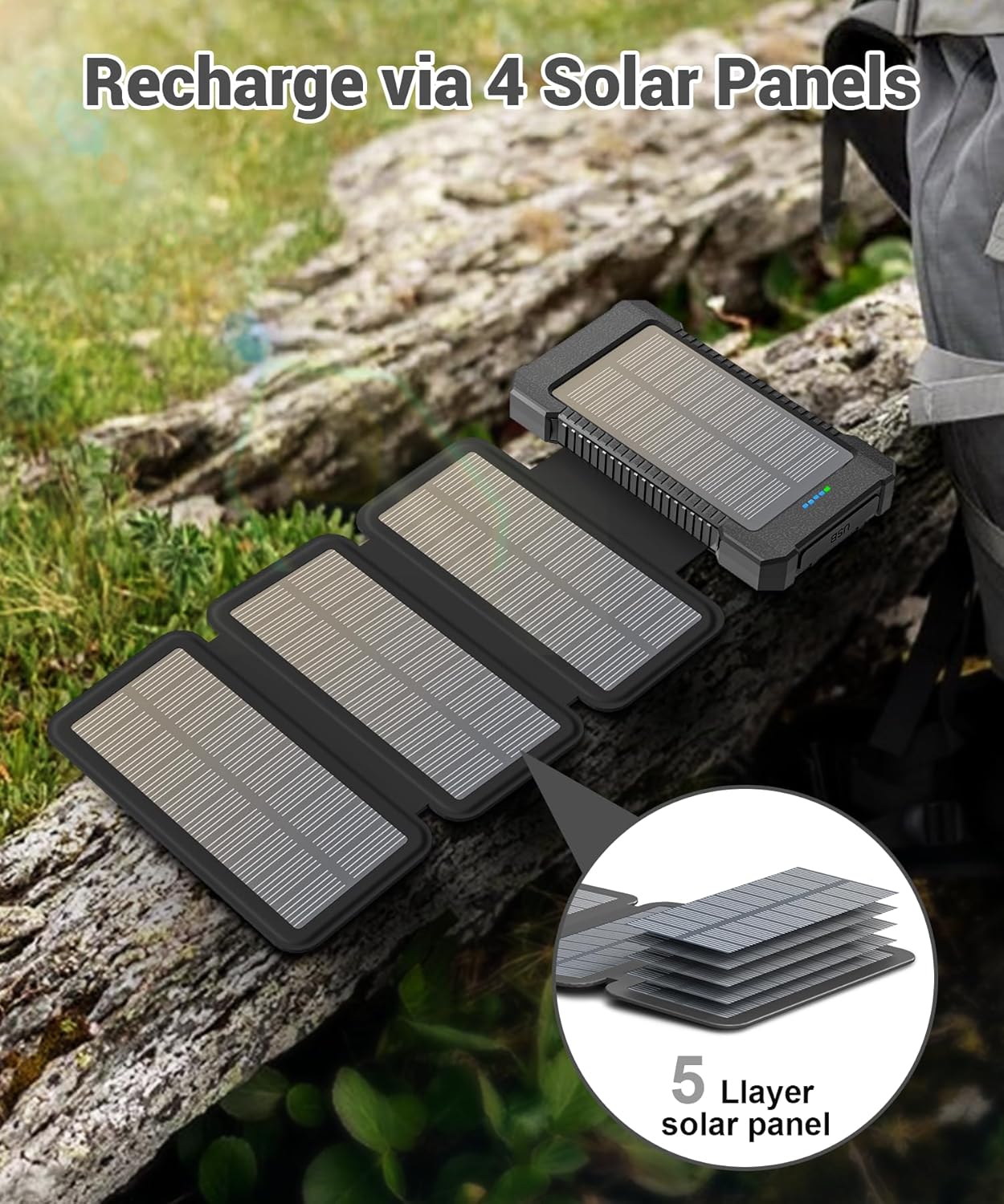 Solar Power Bank 38800mAh with 4 Solar Panels, Portable Charger USB C 18W Fast Charge for iPhone Samsung, IP67 Waterproof Outdoor External Battery Pack with Flashlight Light/SOS/Strobe - PuriLite