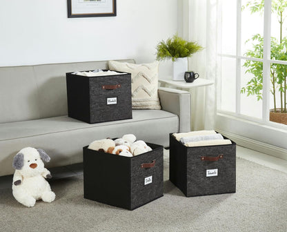 DECOMOMO Cube Storage Bin, Storage Cubes with Labels, Baskets for Shelves Kallax Linen Closet Organizers (Cube 10.5x11"/ 6pcs, Black) - PuriLite