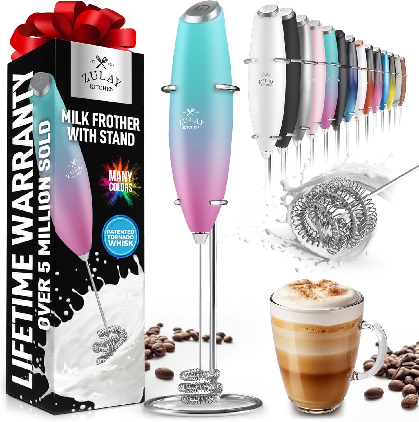 Zulay Kitchen Powerful Double Whisk Milk Frother Handheld - Foam Maker with Stand - Whisk Drink Mixer for Coffee, Mini Foamer for Latte, Matcha, Frappe, Hot Chocolate & Cappuccino (Black) - PuriLite