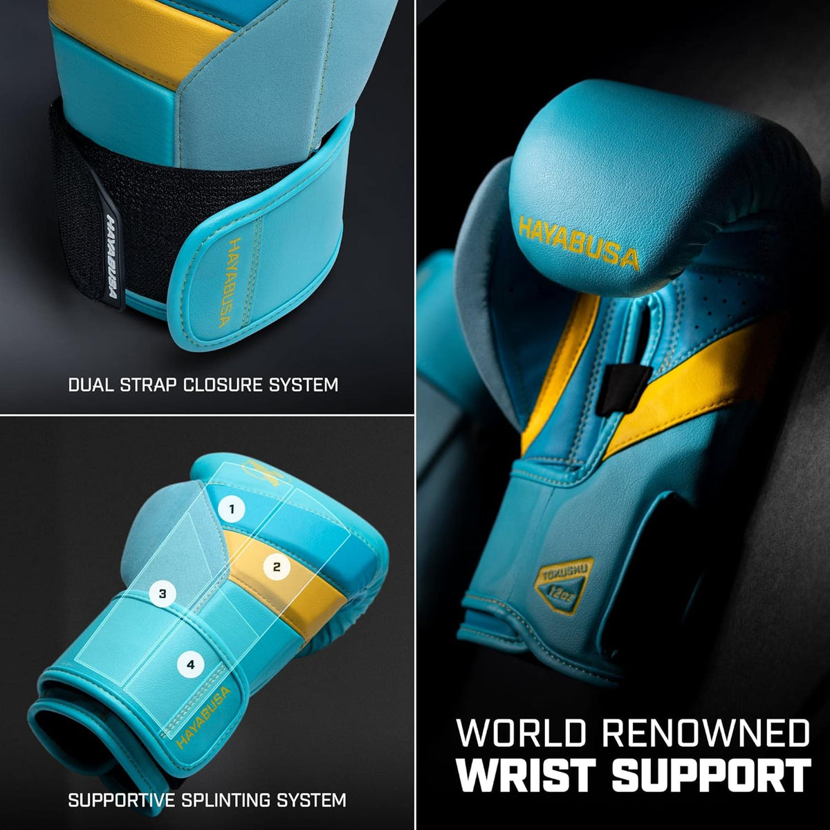 Hayabusa T3 Boxing Gloves for Men and Women Wrist and Knuckle Protection, Dual-X Hook and Loop Closure, Splinted Wrist Support, 5 Layer Foam Knuckle Padding - PuriLite