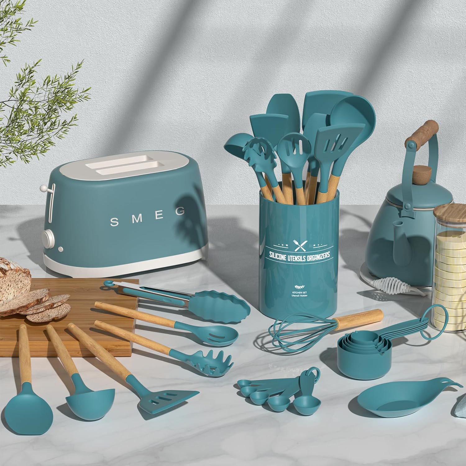 Umite Chef Kitchen Cooking Utensils Set, 33 pcs Non-Stick Silicone Cooking Kitchen Utensils Spatula Set with Holder, Wooden Handle Silicone Kitchen Gadgets Utensil Set (Khaki) - PuriLite