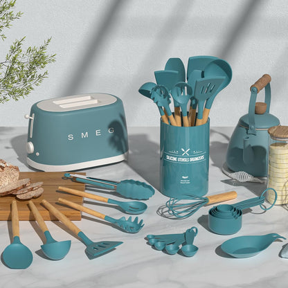 Umite Chef Kitchen Cooking Utensils Set, 33 pcs Non-Stick Silicone Cooking Kitchen Utensils Spatula Set with Holder, Wooden Handle Silicone Kitchen Gadgets Utensil Set (Khaki) - PuriLite