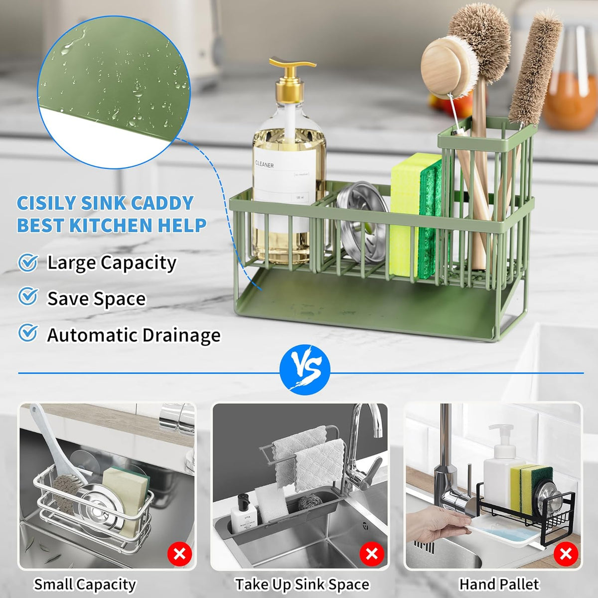 Cisily Kitchen Sink Caddy Organzier with High Brush Holder, Sponge Holder for Sink, 304 Rustproof Stainless, Kitchen Countertop Soap Dispenser Organizer, Kitchen Decor and Accessories (Black) - PuriLite