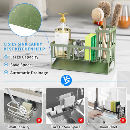Cisily Kitchen Sink Caddy Organzier with High Brush Holder, Sponge Holder for Sink, 304 Rustproof Stainless, Kitchen Countertop Soap Dispenser Organizer, Kitchen Decor and Accessories (Black) - PuriLite