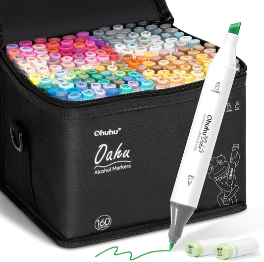 Ohuhu Alcohol Markers - 160-color AP Certificated Double Tipped Art Marker Set for Artist Adults Cozy Coloring Sketch Illustration - Chisel and Fine Dual Tips - Oahu of Ohuhu Markers - Refillable