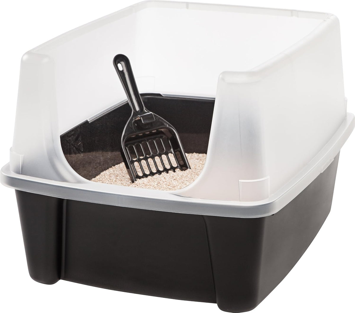 IRIS USA Large Cat Litter Box with Scoop, Open Top Cat Litter Pan, Black - PuriLite