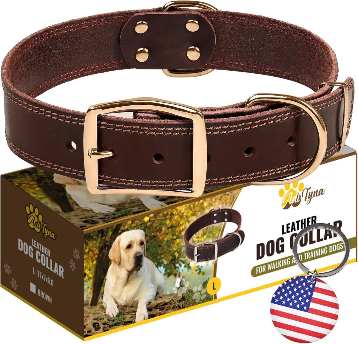 ADITYNA Heavy-Duty Leather Dog Collar for Medium Dogs - Soft and Strong, 100% Genuine Leather - Collier Pour Chien (Medium: Fit 13" - 20" Neck, Brown) - PuriLite