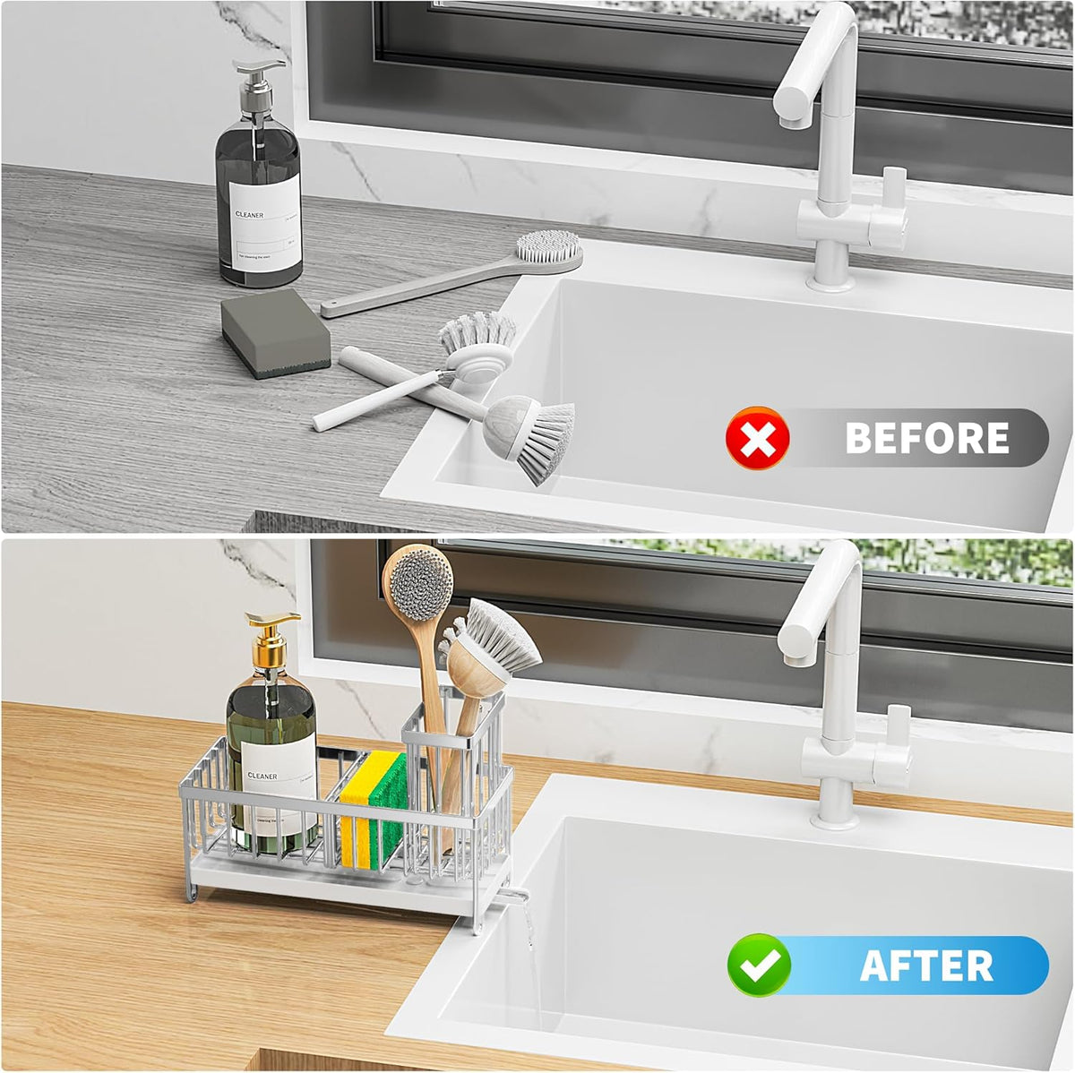 Cisily Sponge Holder for Kitchen Sink, Sink Caddy with High Brush Holder, Organzier Rustproof 304 Stainless Steel Dish Organizer Divider, Soap Dispenser Storage (Black) - PuriLite