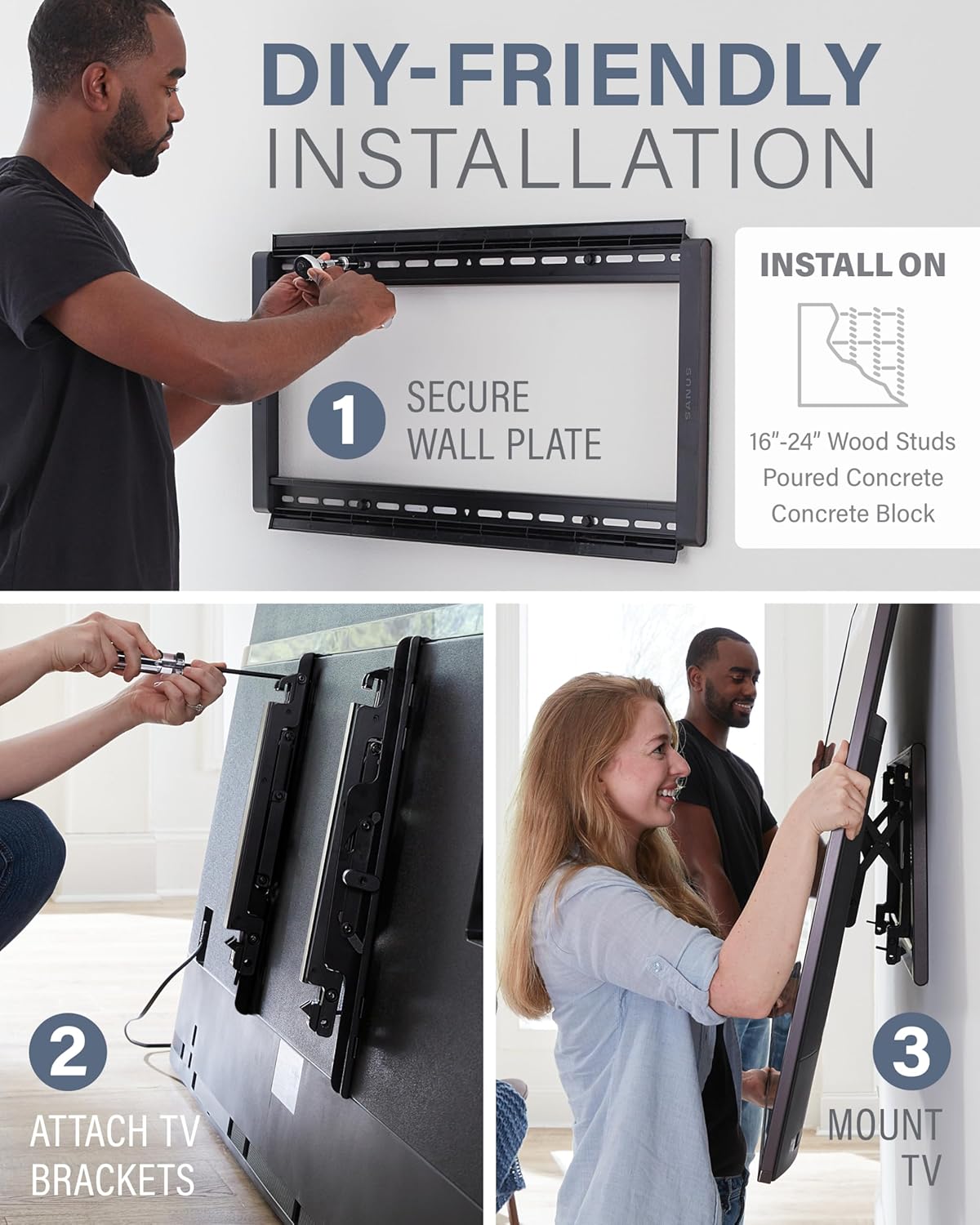 SANUS Advanced Tilt Premium Universal TV Wall Mount for 46” to 90” Flat-Panel TVs - Low Profile, Smooth Extension & Easy to Install - Model VLT6-B1 - PuriLite