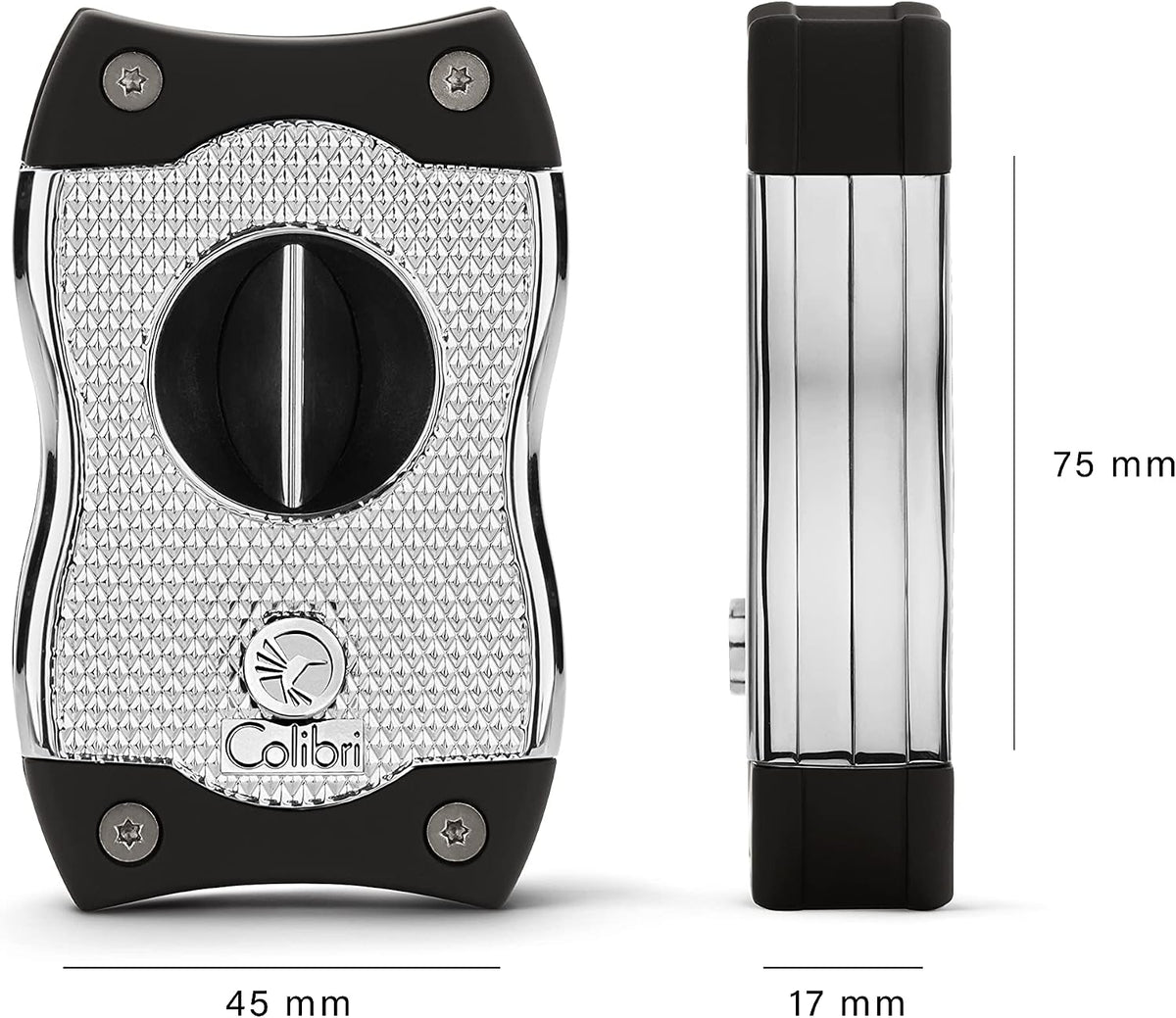 Colibri SV-Cut Cigar Cutter | Chrome and Black | Trigger Spring Blades | V-Cut Cut Depth 7mm and Straight Cut Up to 3mm | Gauge Up to 68 Rings | Ergonomic Design