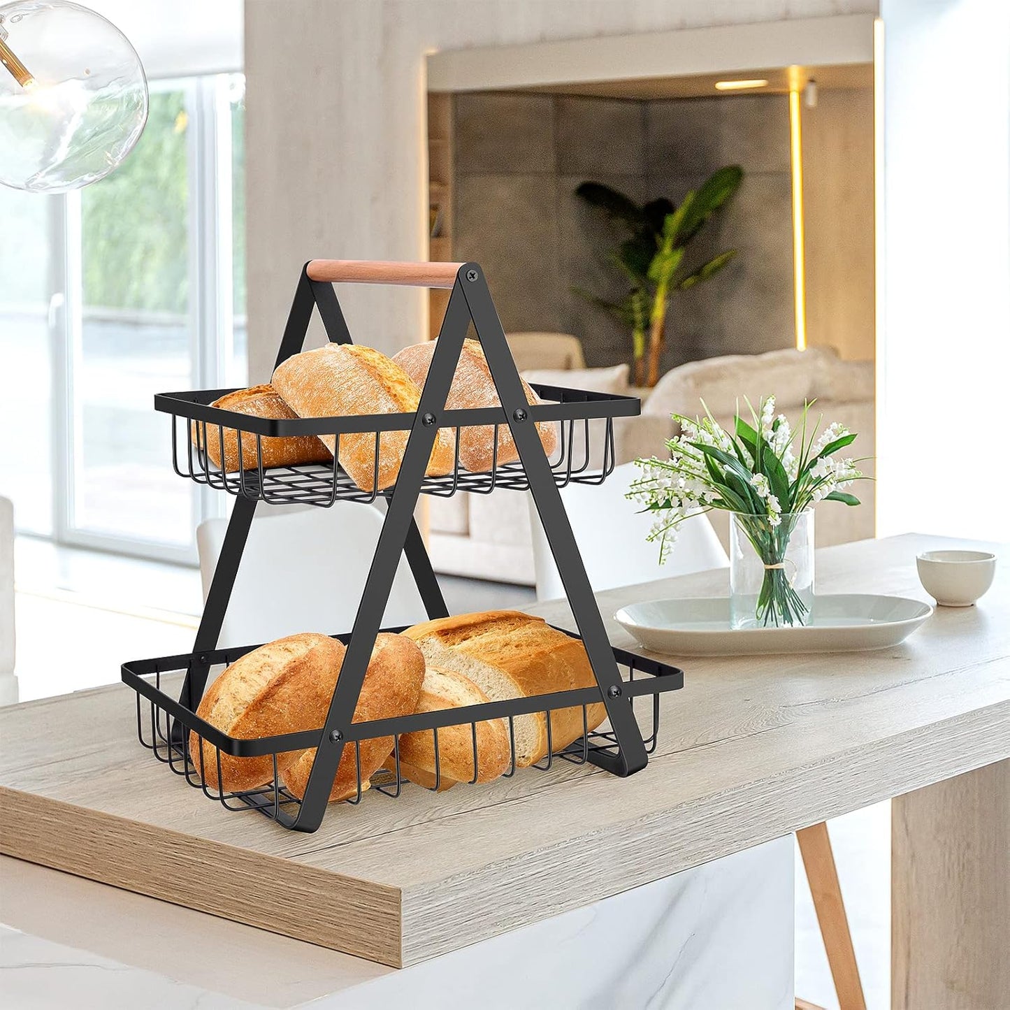 2 Tier Countertop Fruit Basket,Portable Fruit Bowle Basket for Kitchen Organizer Storage & Dining Room Fruits Vegetable Bread Snacks,MAHUEEOL Detachable Metal Rectangle Basket Storage - PuriLite