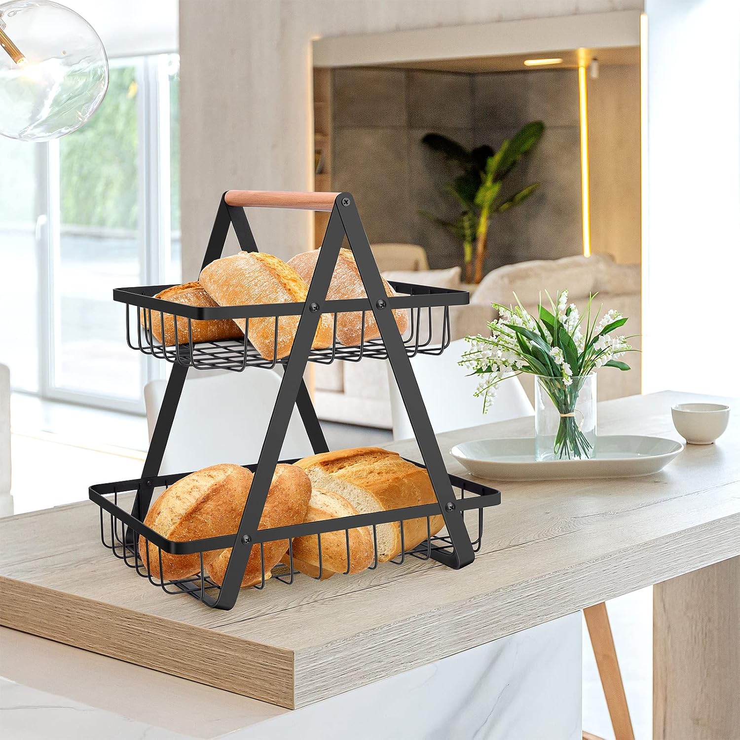 2 Tier Countertop Fruit Basket,Portable Fruit Bowle Basket for Kitchen Organizer Storage & Dining Room Fruits Vegetable Bread Snacks,MAHUEEOL Detachable Metal Rectangle Basket Storage - PuriLite