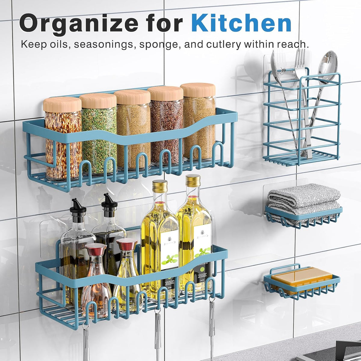 EUDELE 5-Pack Rustproof Stainless Steel Shower Caddy – No Drill Adhesive Bathroom Organizer with Large Capacity, Spacious Shower Shelves for Inside Shower, Kitchen & Home Decor Storage - PuriLite