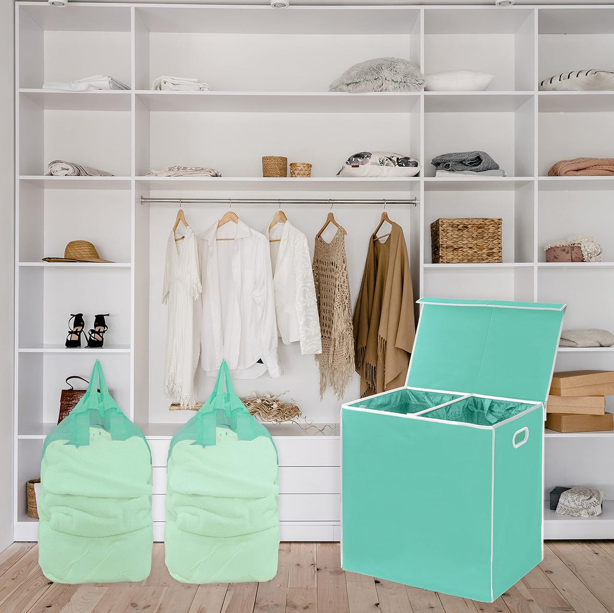 SimpleHouseware Double Laundry Hamper with Lid and Removable Laundry Bags, Beige - PuriLite