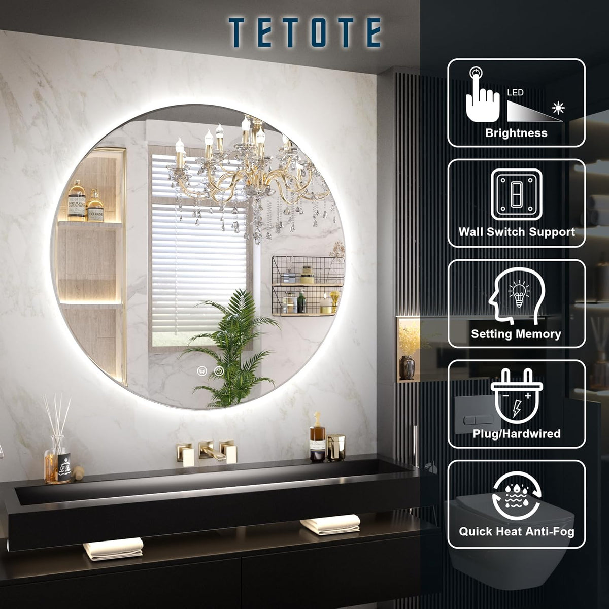 TETOTE 28 Inch Round LED Bathroom Vanity Mirror, Anti-Fog Dimmable Lights IP54 Waterproof Circle Makeup Wall Mounted Mirror - PuriLite