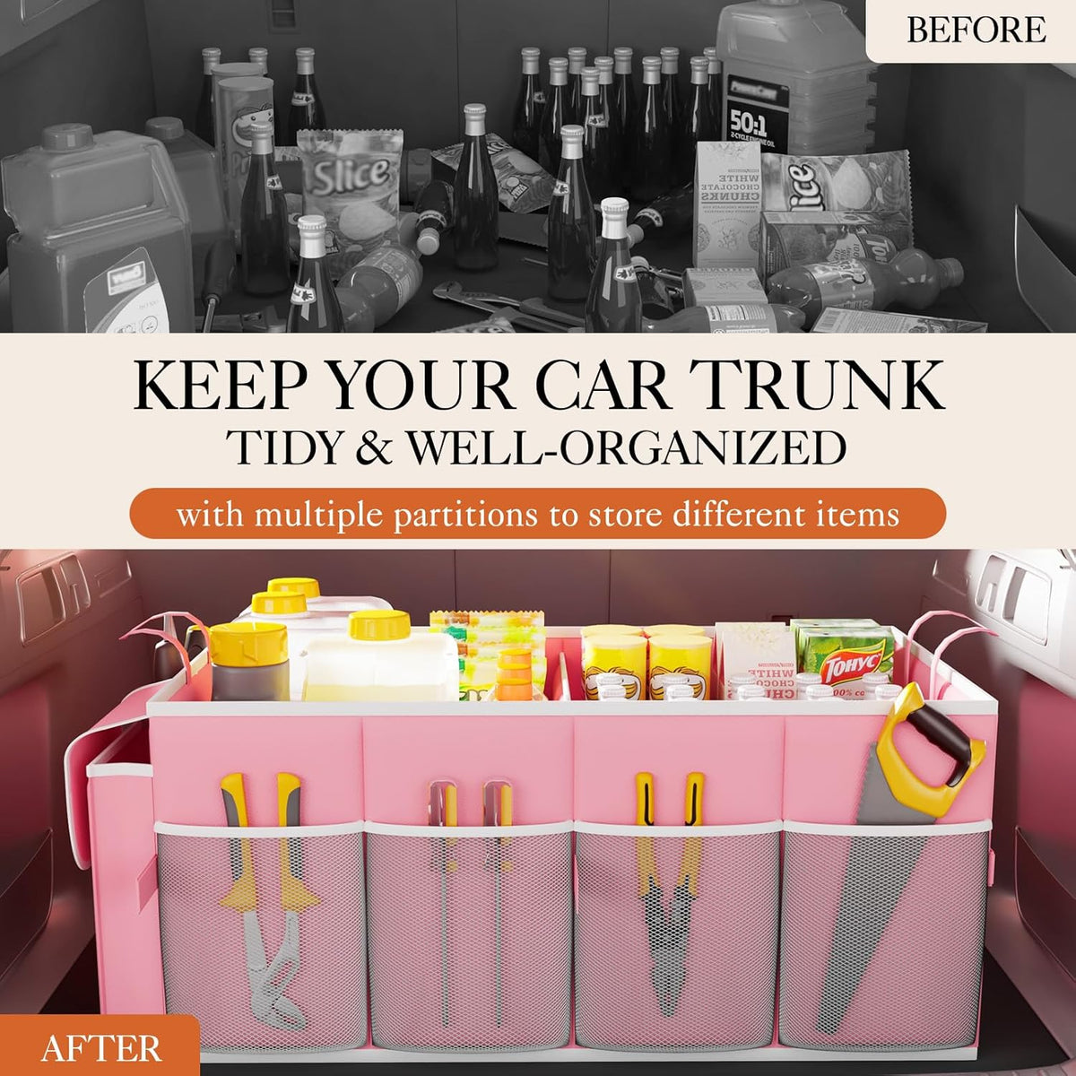 HOTOR Trunk Organizer - Car Organizer, Foldable Trunk organizer for SUVs & Sedans, Car Accessories, Tools, Sundries, 2 Compartments, Black - PuriLite